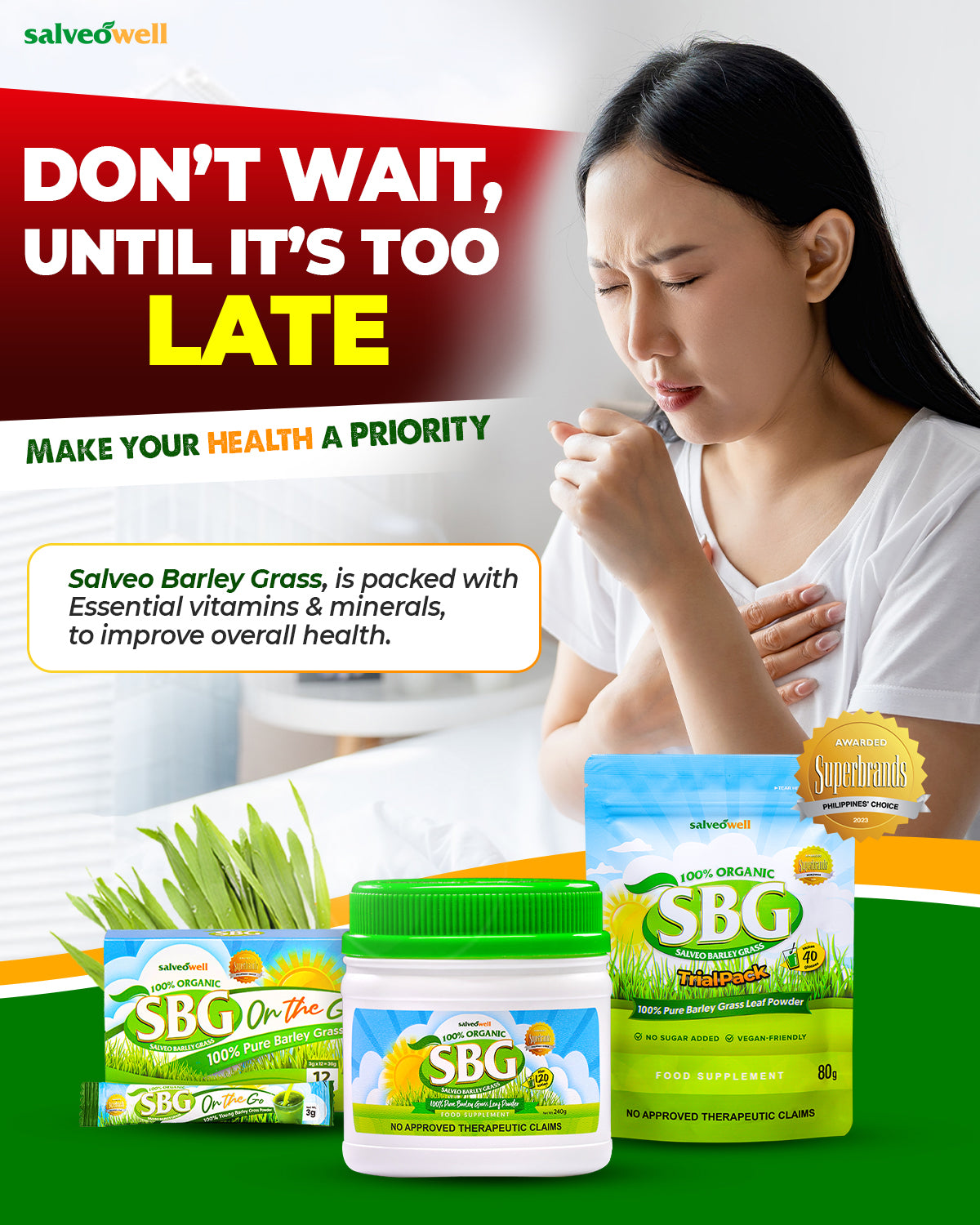 ORIGINAL SALVEO BARLEY GRASS SBG On The Go (OTG) 12 Sachets Pure and Organic