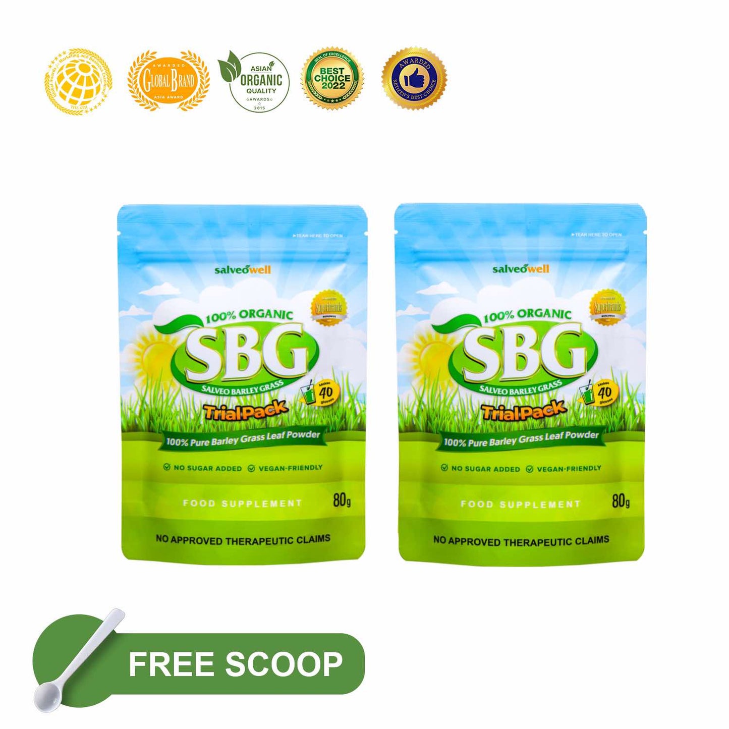 Two (2) Salveo Barley Grass Powder in TRIAL PACK, 80grams, 40servings X 2grams (Pure & Organic)